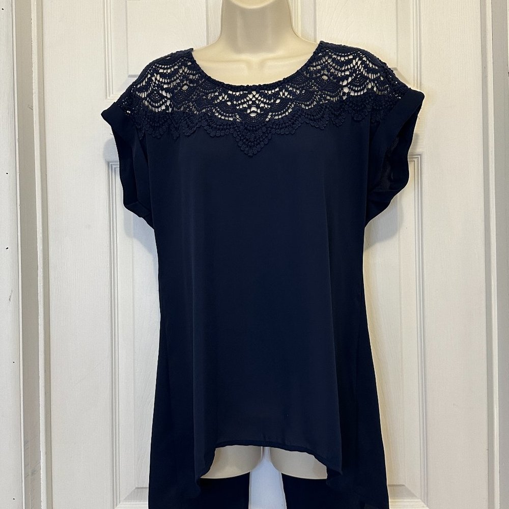 Maurices Hi-Lo Navy Lacy Detail Top